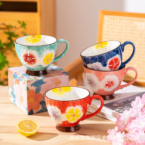 日式手绘濑户烧陶瓷家用大容量水杯茶水杯创意早餐杯马克杯燕麦杯