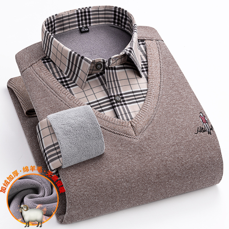 Warm Shirt Men's Velvet Thickeneded Fake Two-Piece Winter Men's Knitwear Sweater Shirt Collar Fake Two-Piece Warm Top
