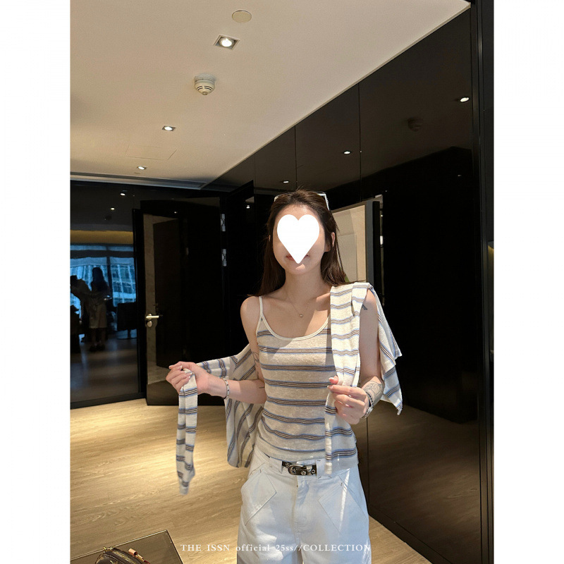 【广州面料雪花亚麻色织】条纹针织吊带背心女防晒长袖开衫上衣套|undefined