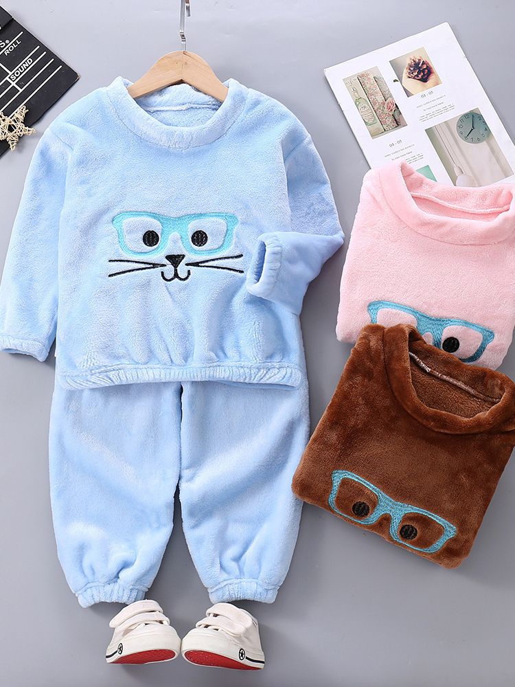 2023 Otoño e Invierno nuevos niños y niñas forrados de lana engrosada cálido traje infantil de dibujos animados franela homewear Pijamas