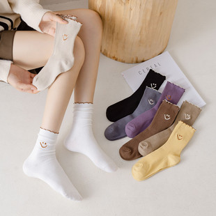 ins new socks women's Japanese-style embroidered smiley face Curling Women's mid-calf socks fashion trendy pile socks women's cotton socks