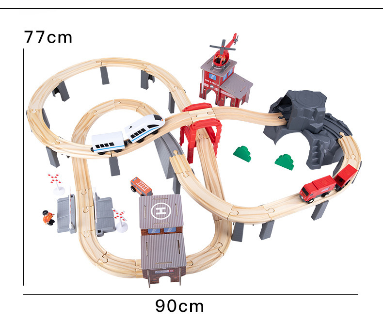 Nuevo estilo 100 piezas de lujo de madera juego de riel eléctrico serie tren riel niños juguetes de montaje de bricolaje al por mayor