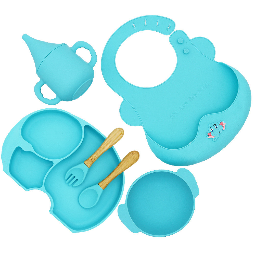 Cross-Border Food-Grade Silicone Children's Tableware Baby Feeding Compartment Silicone Dinner Plate Bowl Cup Saliva Pocket Set