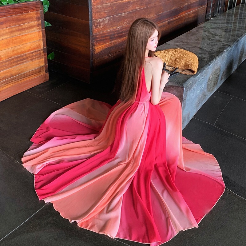 Real shot of sunset blush tie-dye dress, super fairy-like, large hem, strapless, long slimming dress, picture color, chiffon tie-dye Real shot of sunset blush tie-dye dress, super fairy-like, large hem, strapless, long slimming dress, picture color, chiffon tie-dye
