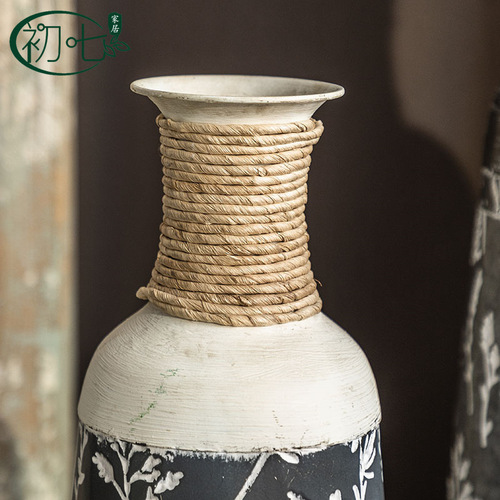 Living Room Hotel Entrance Decorative Pieces, Boutique Inn Illustration Round Bottles, American Ironwork Printed Retro Floor Vase