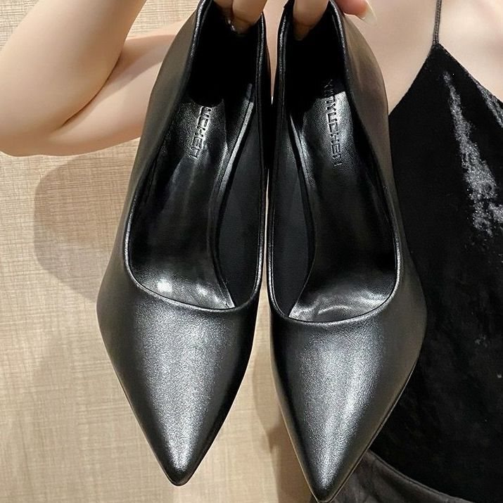 Sheepskin genuine leather black work shoes for women, soft sole, comfortable for long standing, professional single shoes, comfortable high heels with thin heels for work Sheepskin genuine leather black work shoes for women, soft sole, comfortable for long standing, professional single shoes, comfortable high heels with thin heels for work