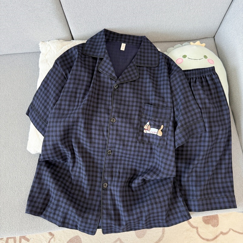 Popular Cartoon Summer Men's Cloud Cotton Pajamas, Short-Sleeved Cardigan with Buttons, Thin Style, Can Be Worn Outside, Home Wear Two-Piece Set