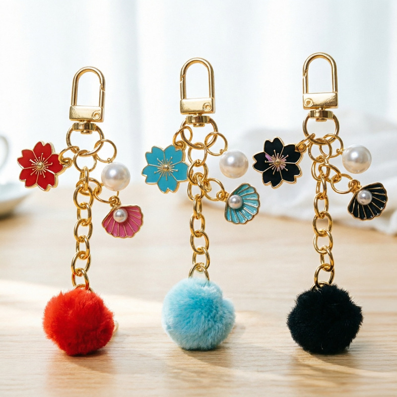 Cherry Blossom Pom-Pom Keychain Flower Shell Pearl Pendant, Girly Heart Bag Decoration, Small Gift Key Ornament Cherry Blossom Pom-Pom Keychain Flower Shell Pearl Pendant, Girly Heart Bag Decoration, Small Gift Key Ornament