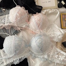 日系甜美绑带蕾丝内衣女薄款无钢圈小胸聚拢上托防下垂文胸罩套装