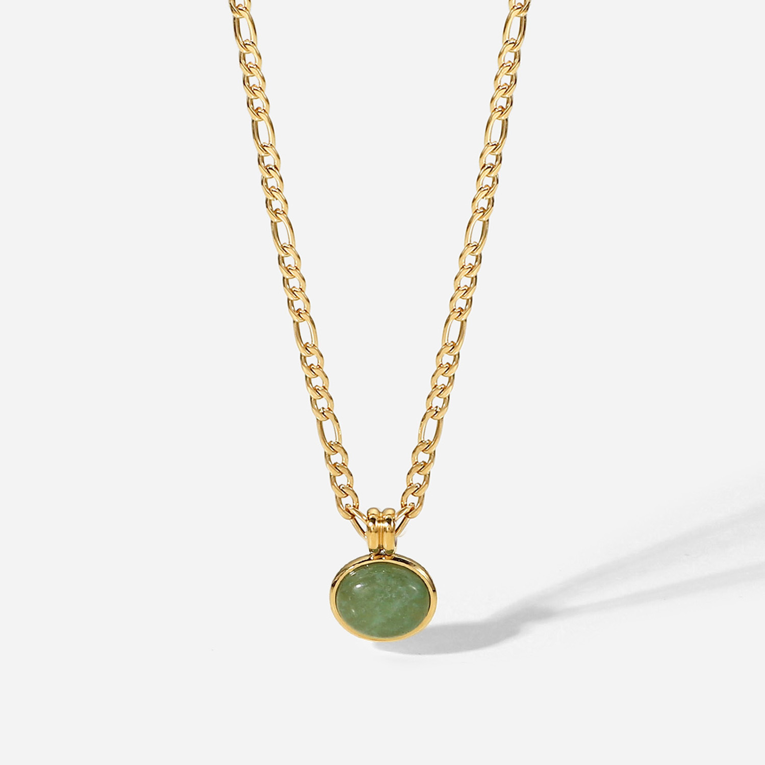 14k Green Aventurine Jade Round Pendant Figaro Chain Stainless Steel Necklace display picture 4