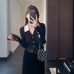 朵妮DN◆别致时髦 撞色polo领羊毛混纺针织衫显瘦毛衣女秋冬新款
