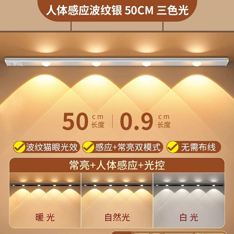 Zhicheng умная светодиодная лента для кошачьего глаза: перезаряжаемая самоклеящаяся подсветка шкафа с датчиком обнаружения человека