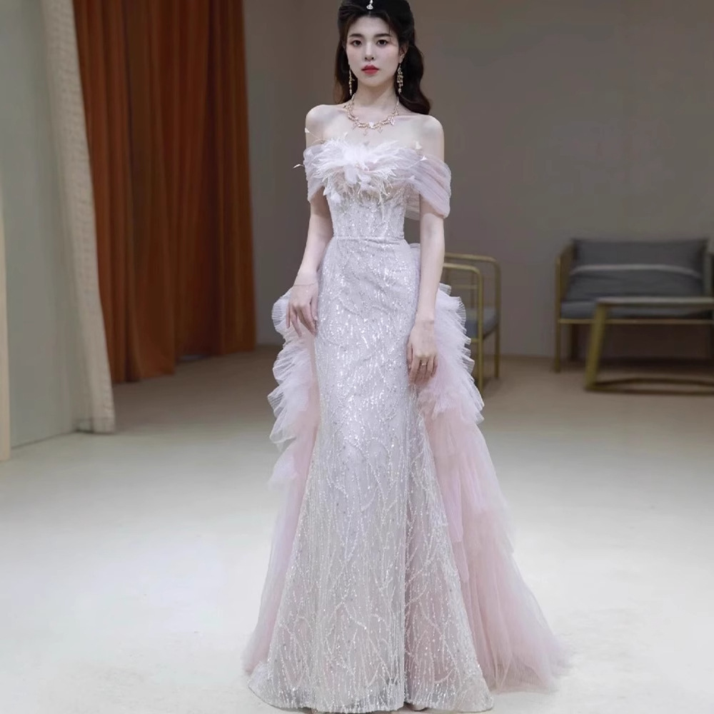 Vestido de noche de un solo hombro, novedad de verano 2026, vestido rosa de compromiso, vestido de lujo de alta gama para brindis de boda, para novia image 1