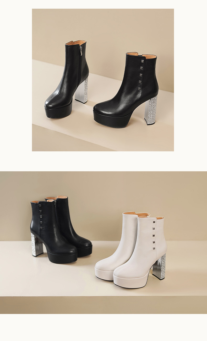 Boot nữ cổ thấp gót siêu cao 11 cm đế platform da bò đầu, đính đá pha lê — Lớp lót nhung đen chi tiết 8