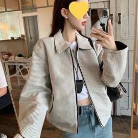 双面穿翻领短外套女秋季长袖开衫上衣复古宽松设计感拉链夹克外衣