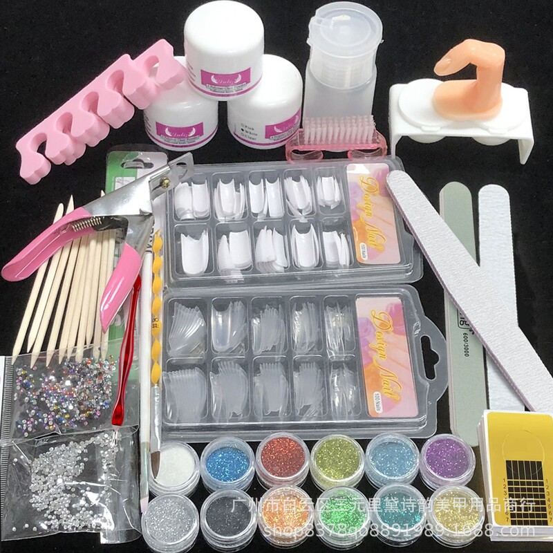 Complete Nail Art Set, Crystal Powder Set, 12 Colors of Glitter Powder, Flat Nail Tips, Beginner Home Learning Set