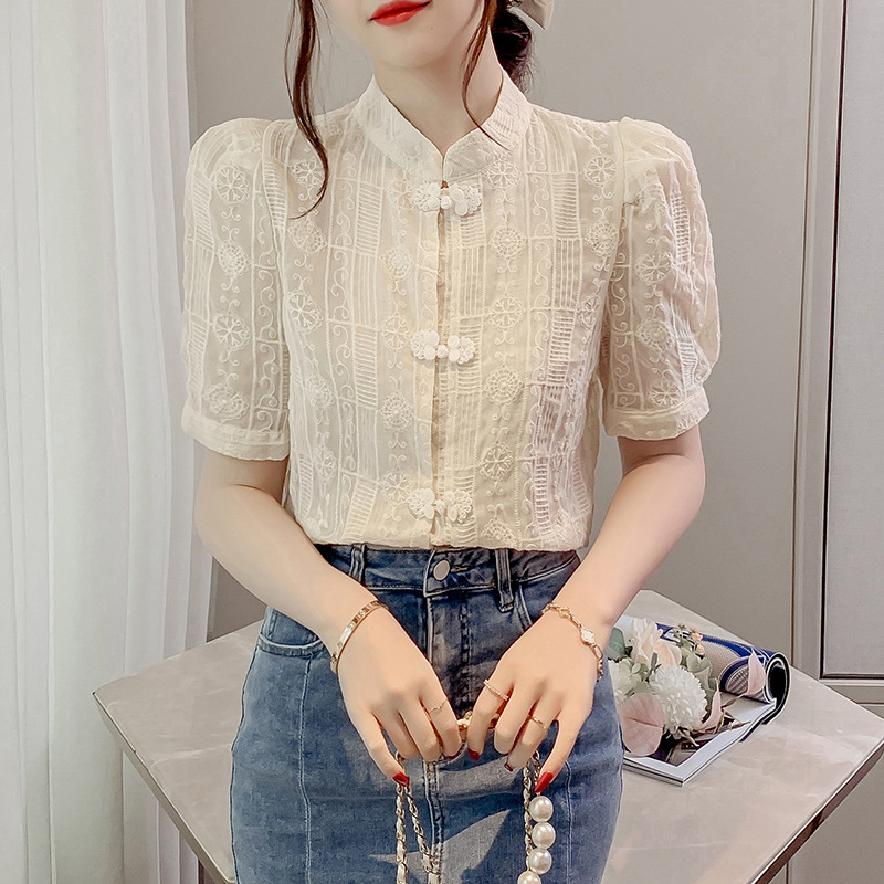 立领短袖中国风衬衫女2025夏季新款时尚韩版小衫百搭修身显瘦上衣