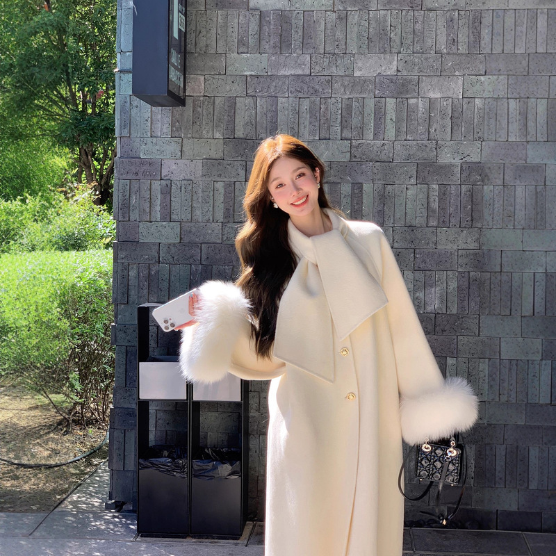 Moonlight Ballet 26 Autumn/Winter New Double-Sided Wool Coat for Women with Fox Fur Cuffs, Gentle and Elegant Woolen Overcoat