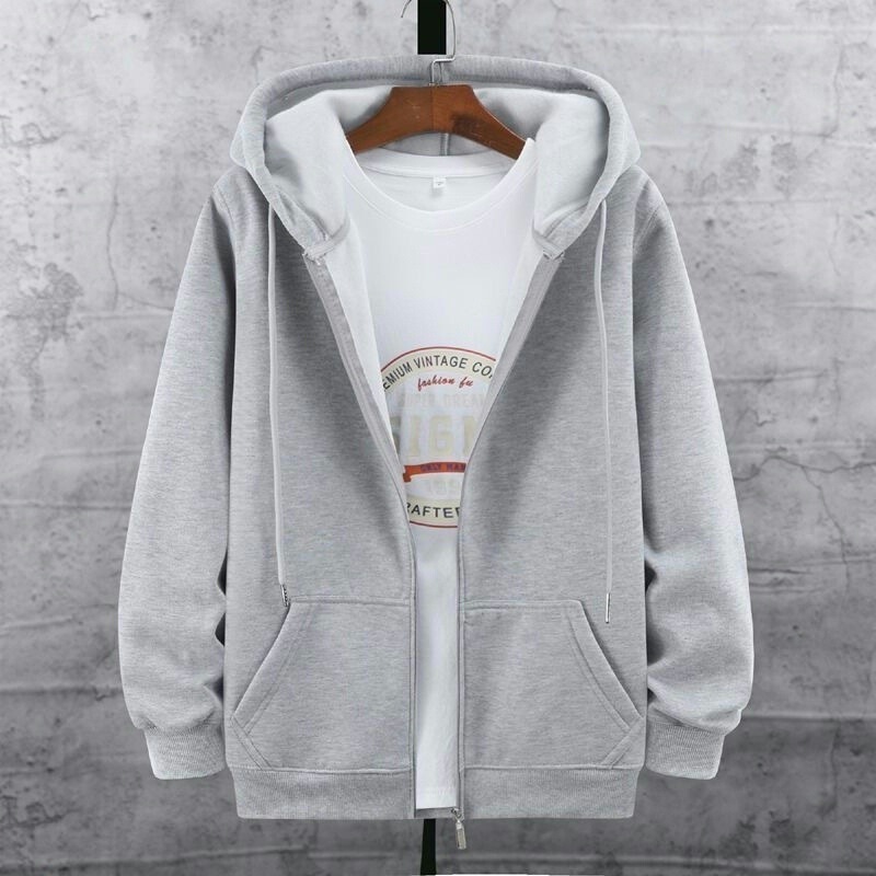 Autumn and Winter Men's Cotton Hooded Sweater Zipper Cardigan plus size Loose Solid Color Fashionable Hoodie fleece-lined Warm Jacket