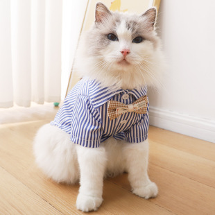 Cat Clothes 2023 Internet Popular New Korean-style Striped Shirt Clothes Breathable Comfortable Pet Short-sleeved Anti-dirty Two-legged Clothes