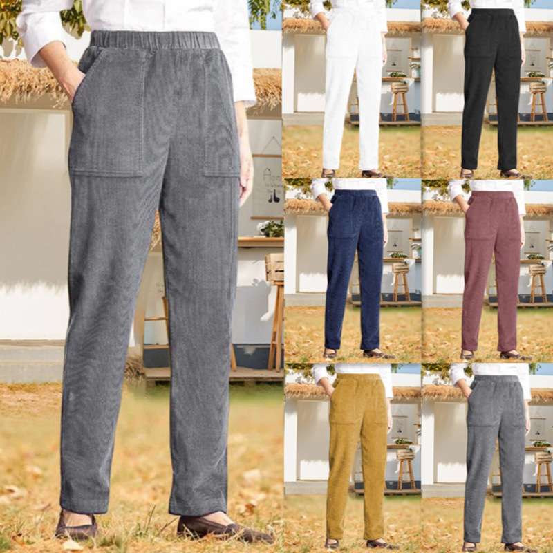 2024 Amazon Independent Station Autumn and Winter New Women's European and American Pure Color Elastic Waist Corduroy Straight Casual Pants 2024 Amazon Independent Station Autumn and Winter New Women's European and American Pure Color Elastic Waist Corduroy Straight Casual Pants
