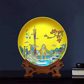 百福十年老店广州印象小蛮腰纪念品晶化玻璃圆盘晶雕礼盘小蛮腰