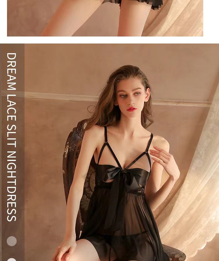 Black Polyester Babydoll Lingerie Set with Steel Push-up Bra and Open Front — detail image 13