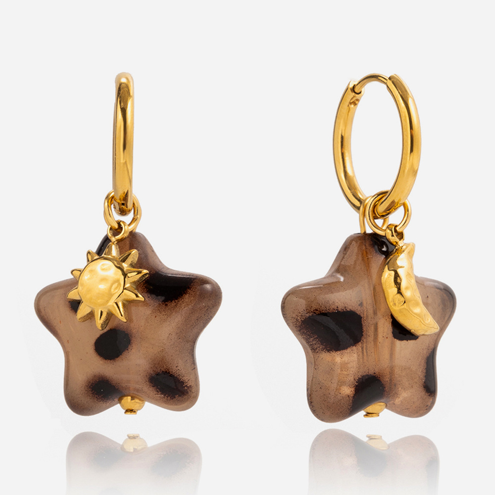 Vintage Leopard Print Star Pendant Earrings with a Sense of Design, 18K Gold Stainless Steel Jewelry for Women, Cross-Border Niche