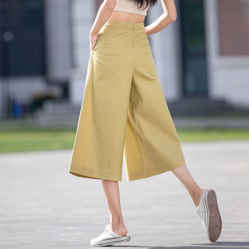 ドレープコットンとリネンのクロップドパンツ、夏用の薄手の女性用ハイウエストスリムで通気性のあるワイドレッグパンツ、多用途のアーティスティックカジュアルスカートパンツ|undefined