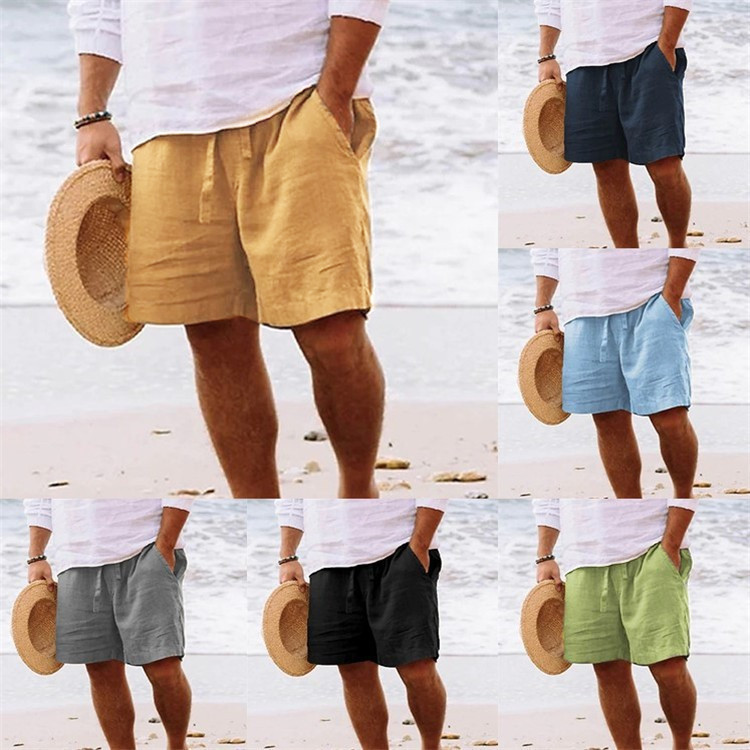 2025 Men's Summer Cotton and Linen Shorts Drawstring Elastic Waist Straight Leg Solid Color Breathable Beach Five Points Casual Mid Shorts