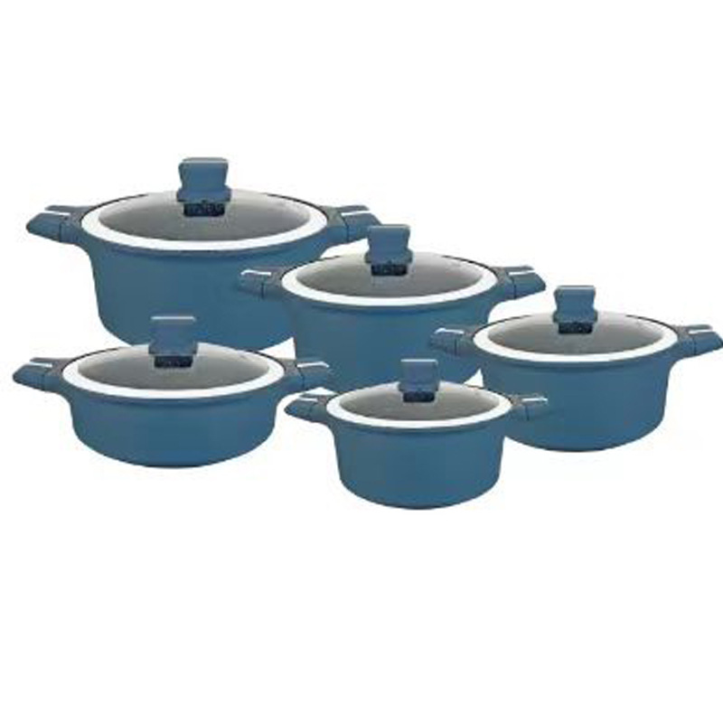 Nuevo juego de ollas transfronterizas de 10 piezas juego de ollas antiadherentes con tapa de vidrio de silicona juego de ollas de piedra médica fundida a presión NEW POT