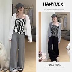 2025夏季穿搭复古条纹吊带背心女外搭防晒开衫高腰休闲裤三件套装
