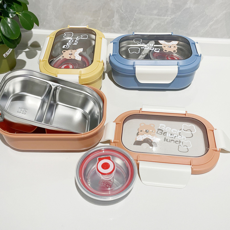 Caja de almuerzo de acero inoxidable 304 caja de almuerzo aislada lindo estudiante de escuela primaria de doble capa caja de almuerzo compartimiento placa con vajilla Tazón