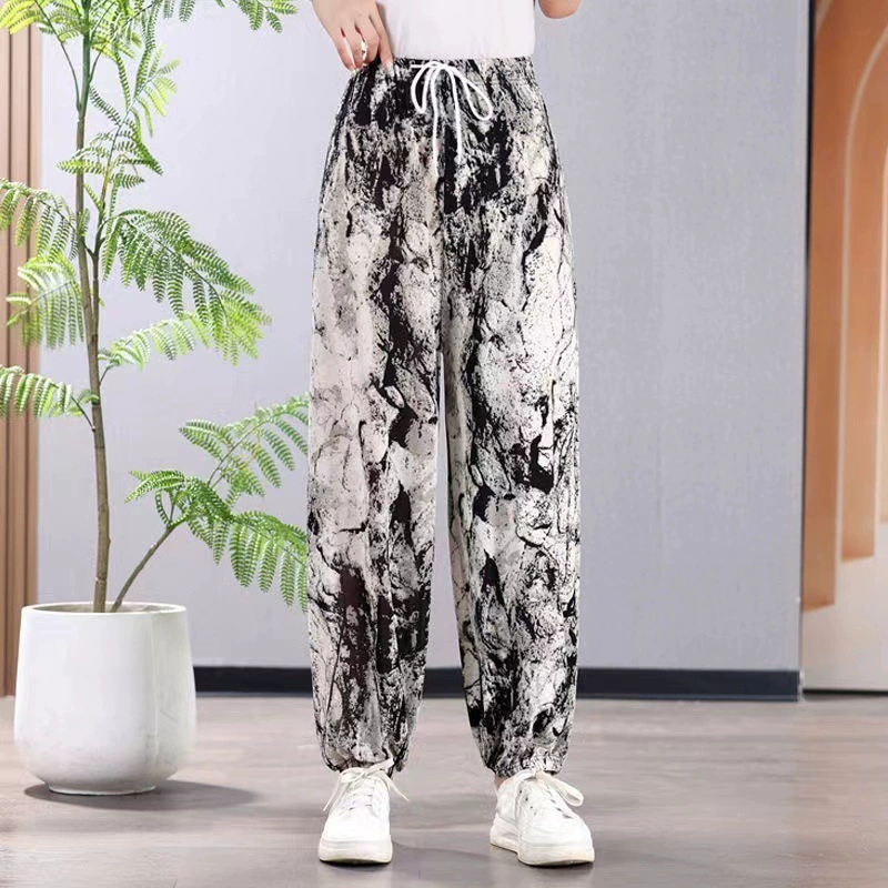 Новые тонкие летние брюки большого размера, свободные брюки-фонарики, модные повседневные эластичные леггинсы из ледяного шелка, девять очков