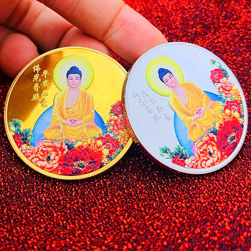 China Guanyin Lotus Gold-plated Painted Commemorative Coin Play with Fu Character Gold Coin Coin Craft Commemorative Medallion