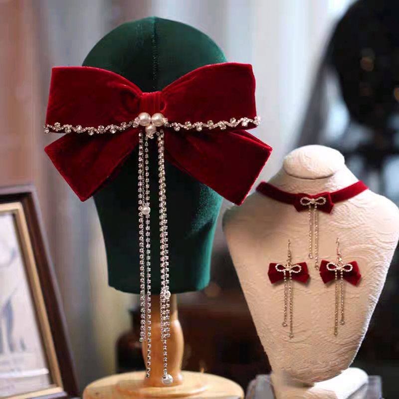 Velvet rojo gran abrazadera de cabello de arco de novia brindis de boda toque de cabeza conjunto de pendientes de compromiso de mujer temperamento de cabello