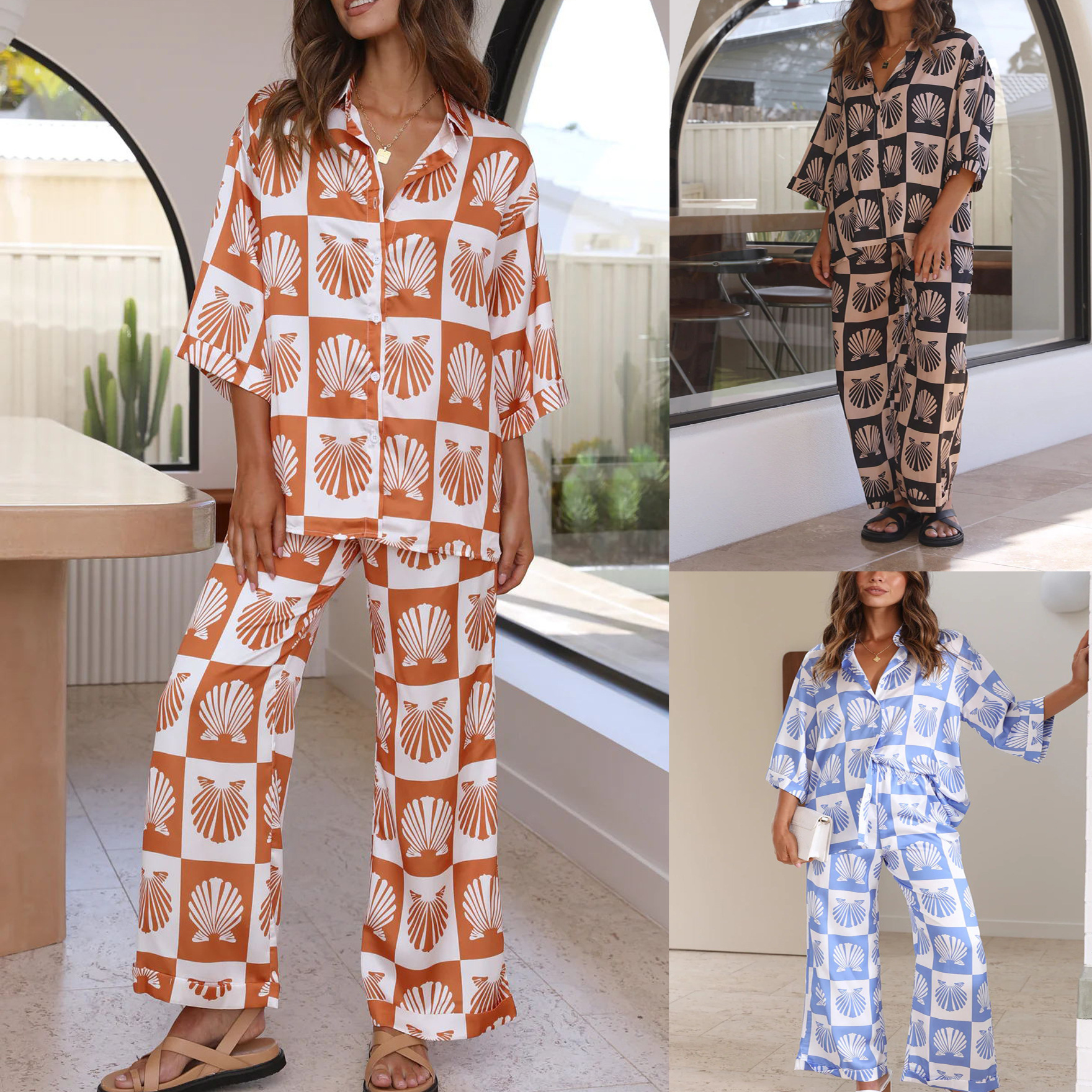 350g Weight 3/4 Length Sleeve Sleeve Length Home Daily Sleeping Women'S Casual Simple Style Geometric Polyester Pant Co-ord Set Pants Sets