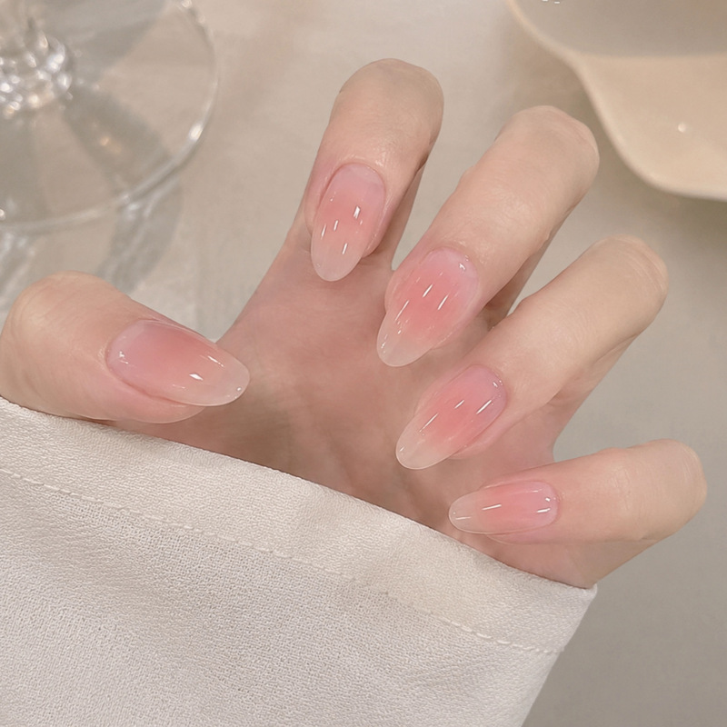 Solid Color Pink Gradient Wearable Nails, Cross-Border Hot-Selling Nail Stickers, High-End Gentle French-Style Adult Fake Nails