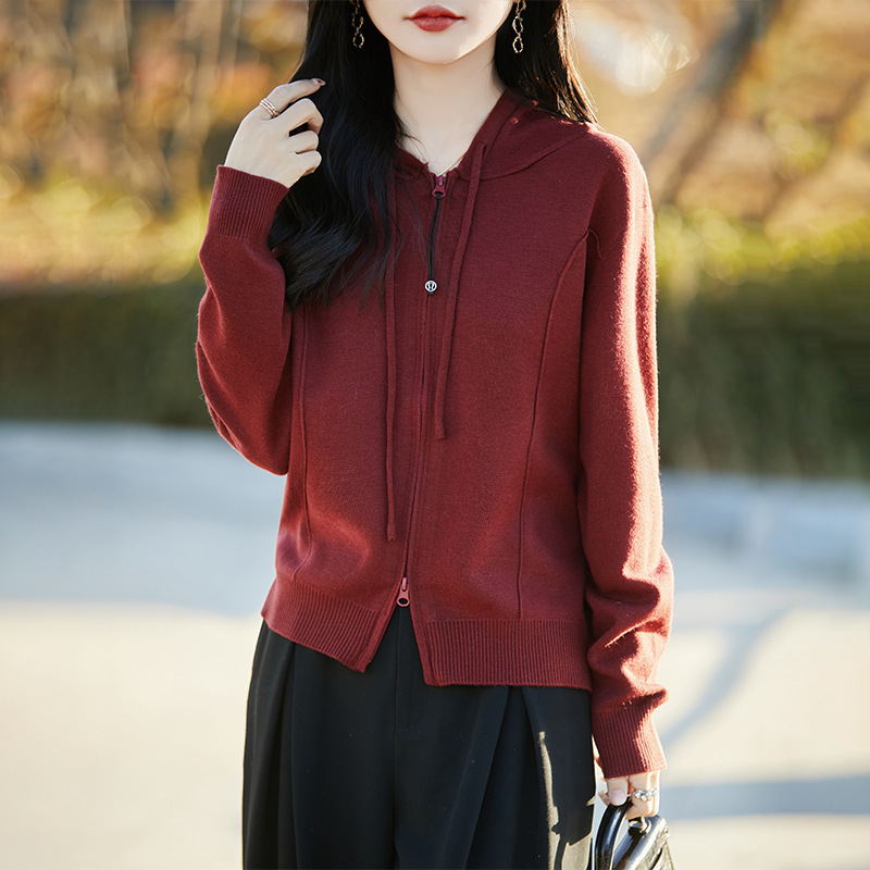 2025 Spring Festival New Fine Wool Hooded Knitted Cardigan Double Zipper Solid Color Loose Top Tops for Women