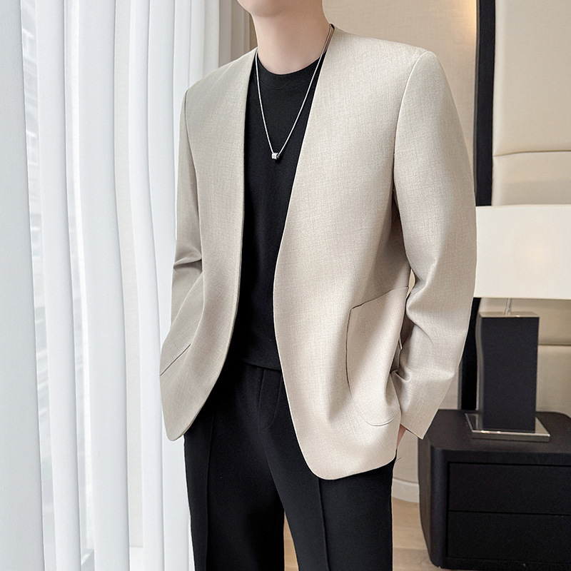 Solid Color Collarless Thin Autumn New Men's Long-Sleeved Suit Jacket Handsome Drape Trendy Men's Casual Suit