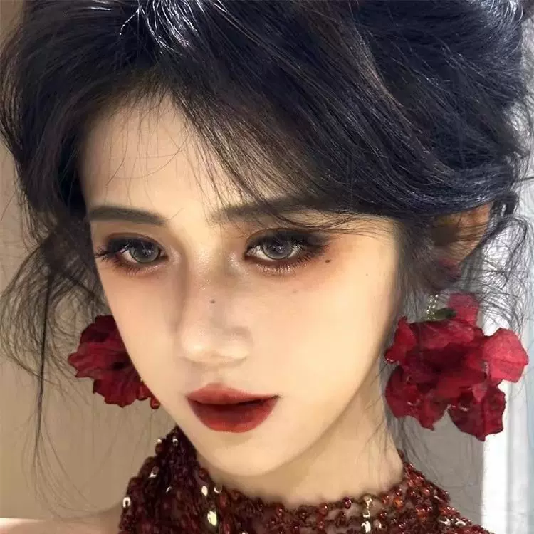 燃烧的玫瑰 夸张酒红色流苏耳环复古设计感耳坠花朵耳钉