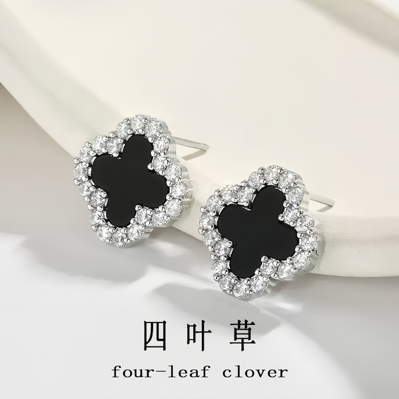 S925纯银黑玛瑙四叶草耳钉女韩版气质时尚百搭高级甜美幸运草耳坠|undefined