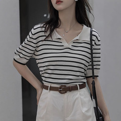 ストライプpoloシャツ折り襟半袖tシャツ女性夏の薄手のゆるいvネックデザイン感小衆氷糸ニット上着