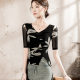 Printed V-neck Mesh Top Women's Half Sleeve Buckle Decorative 2025 Summer New Pleated Split Women's Small Shirt