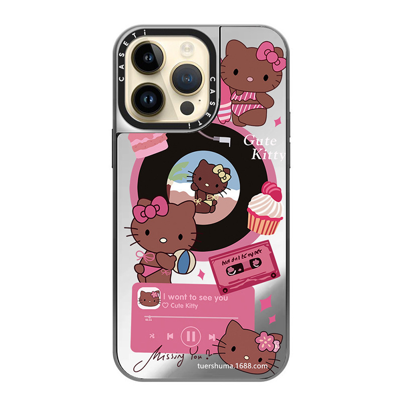 C家オリジナルKT猫コレクション電気メッキシルバーフレーム、Apple iPhone17ProMax、15、鏡面13対応スマホケース|undefined