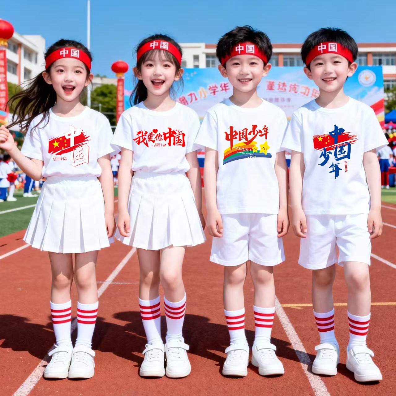 National Day Short-Sleeve T-Shirt, Pure Cotton, Short-Sleeve, White Top for Primary and Secondary School Students and Kindergarten Activities
