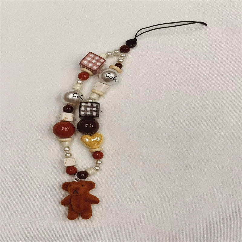 Phone Charm Strap with Velvet Bear Pendant, Beaded Lace Camera & Mobile Chain, Colorful