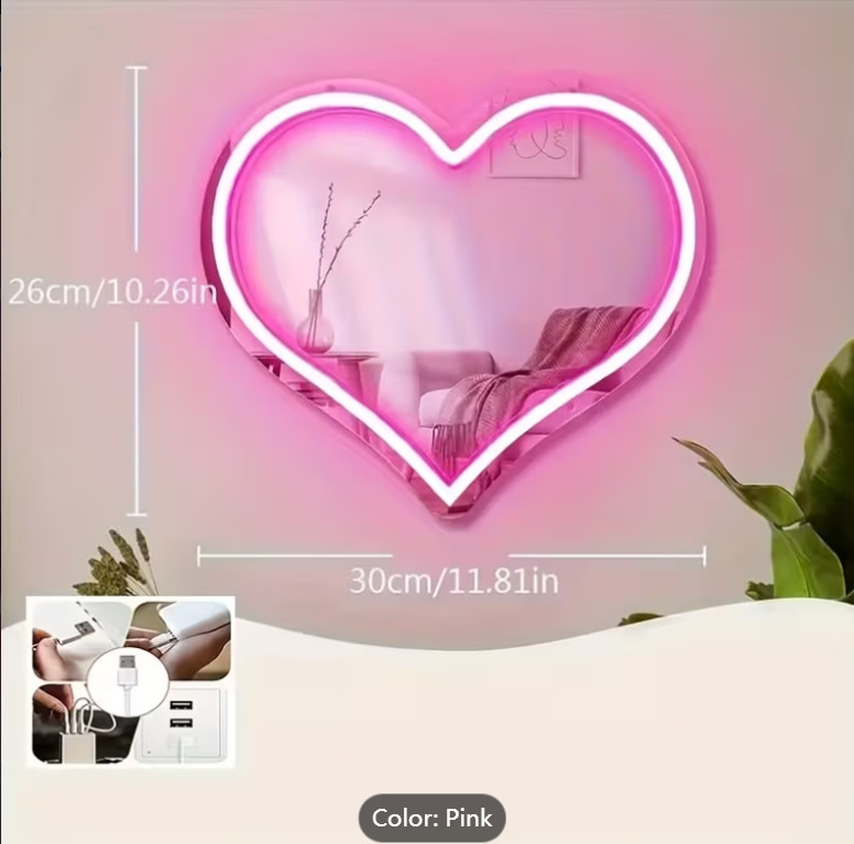 Amazon gota de agua personalidad creativa led amor espejo neón gato espejo de maquillaje acrílico espejo lámpara