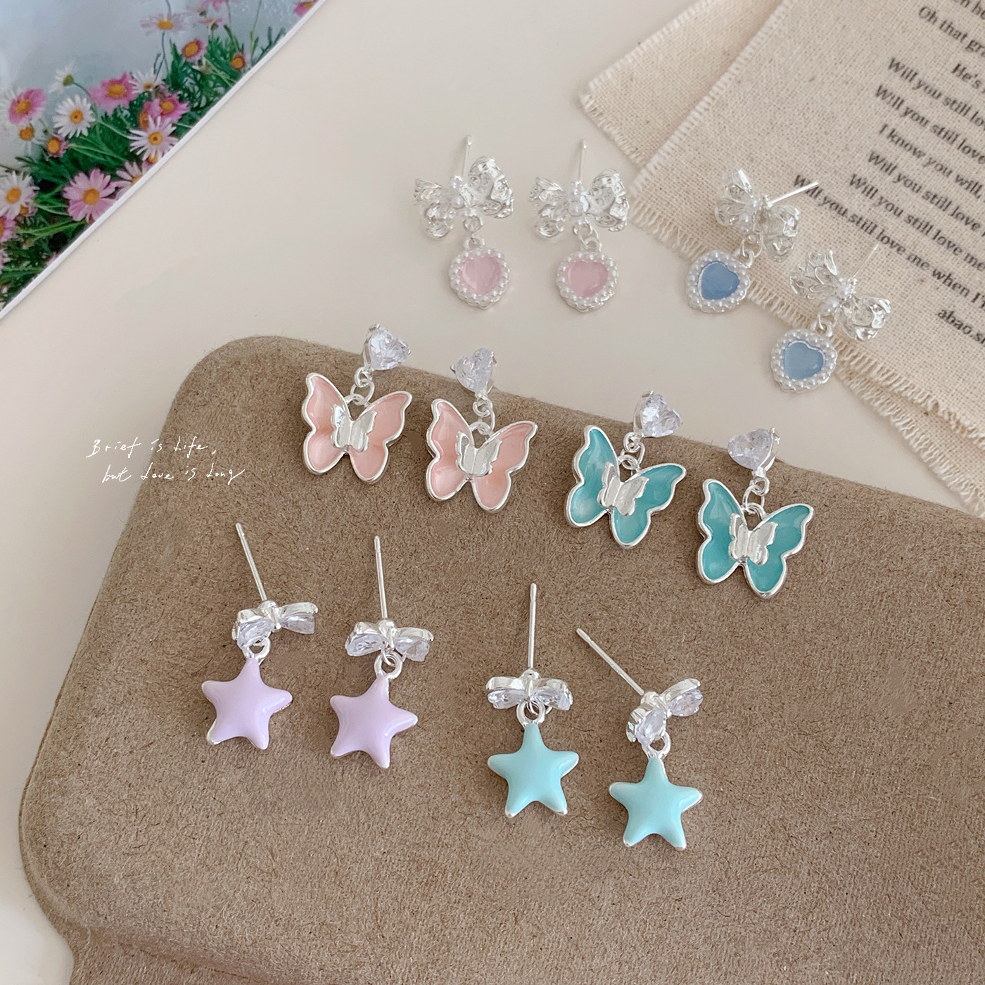 new color xingx butterfly earrings female silver needle sweet niche design delicate pearl love all-match earrings