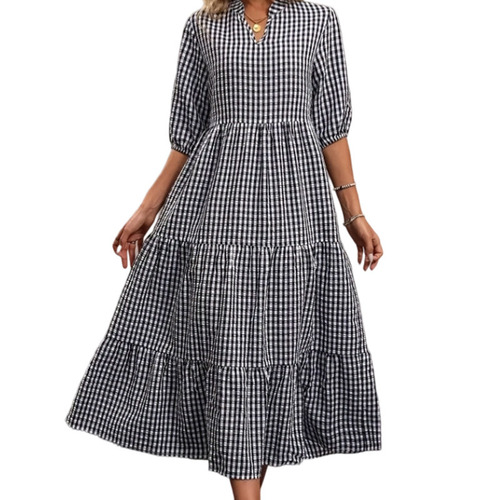 Women's European and American Style Semi-Sleeve Plaid Dress Supply European and American Style New Long Skirt